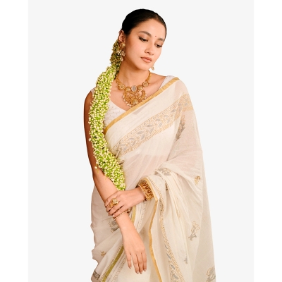 Picture of IRABOTI White & Golden Khadi Hand Block Premium Women Saree Perfect for Traditional Wear