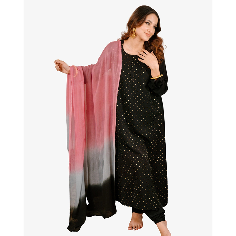 Picture of SHOROLA Black & Golden Hand Block Premium 3 Piece Salwar Kameez