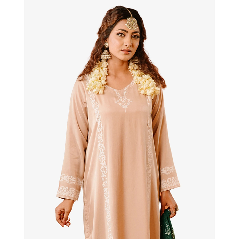 Picture of NOKHSI Khaki & Green Terracotta Design Premium 3 Piece Salwar Kameez Light Cream
