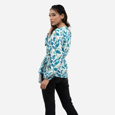 Picture of ODYSSEY Blended Cotton White and Blue Tops For Woman  Multicolor