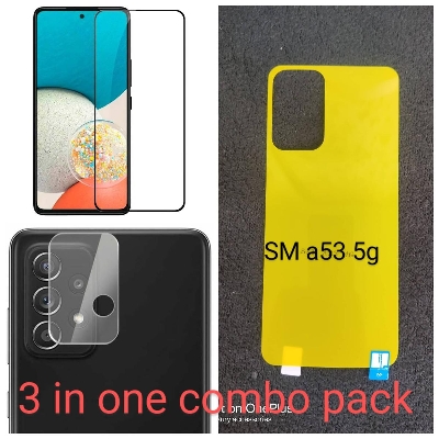 Picture of 3 in one combo pack  for Samsung Galaxy A13 / A23 / A33 / A53 5G / A73 5G Full Cover Tempered Glass Screen Protector + Clear Transparent Scratch Resistant Ultra Thin Back Protector Film + HD Camera Lens Protector Film