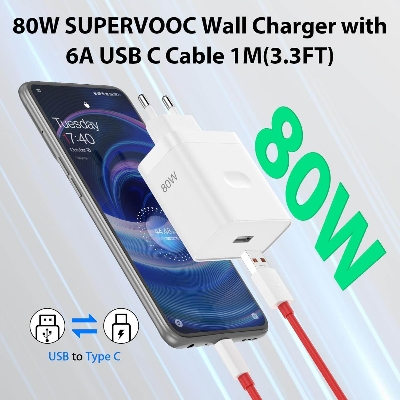 Picture of 80W EU Super Fast Wall Charger For OnePlus 9RT 10 11 12 Nord CE 2 3 Lite OPPO realme 10 GT NEO 2 3 Type C USB Warp Charge Cable