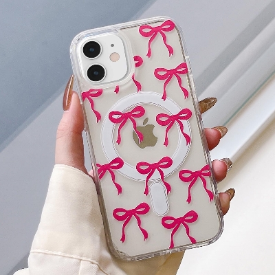Picture of Magnetic for iPhone 16 Pro Case, Bow Case Compatible with MagSafe, Wireless Slim Clear Ribbon Aesthetic Phone Case Anti-Yellowing Shockproof Protective Cover for Women Girl - Pink