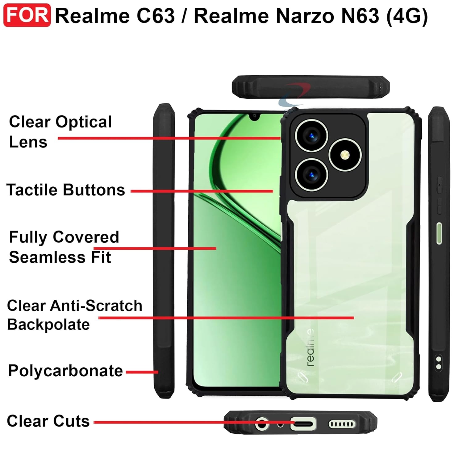 Picture of Realme C63 / Realme Narzo N63 Edge-Reinforced Shockproof Hybrid Clear Transparent Back Cover Case