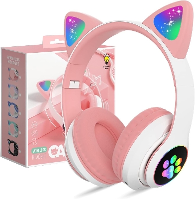Picture of STN28 LED Cat Ear Headset Noise Cancelling Headphones Bluetooth 5.0 Colorful Kids Headset Support TF Card 3.5mm Plug with Mic