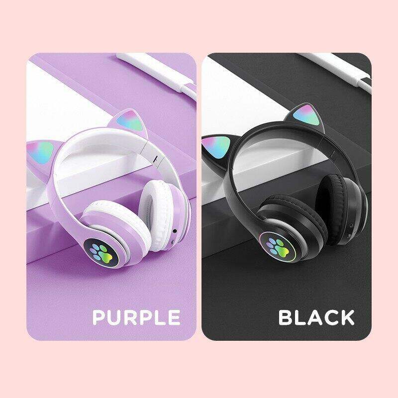 Picture of STN28 LED Cat Ear Headset Noise Cancelling Headphones Bluetooth 5.0 Colorful Kids Headset Support TF Card 3.5mm Plug with Mic