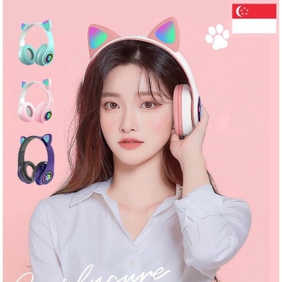 Picture of STN28 LED Cat Ear Headset Noise Cancelling Headphones Bluetooth 5.0 Colorful Kids Headset Support TF Card 3.5mm Plug with Mic