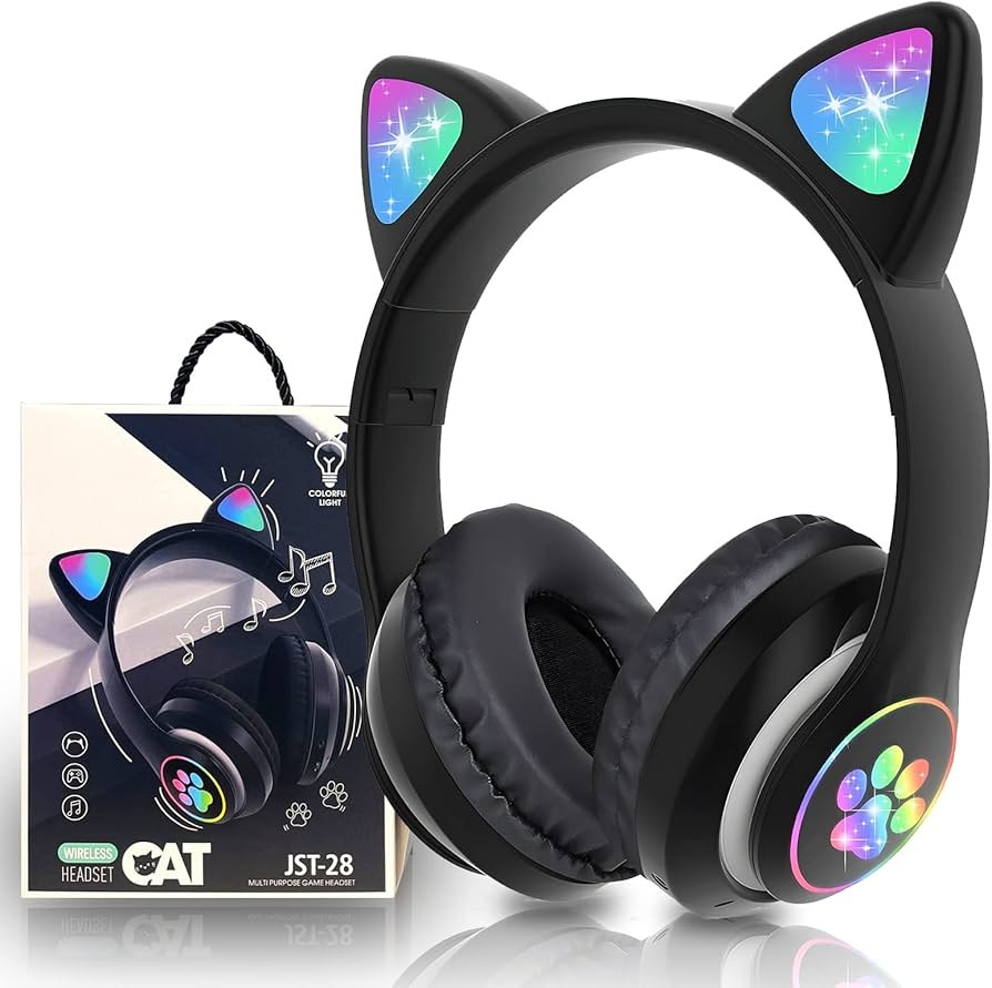Picture of STN28 LED Cat Ear Headset Noise Cancelling Headphones Bluetooth 5.0 Colorful Kids Headset Support TF Card 3.5mm Plug with Mic
