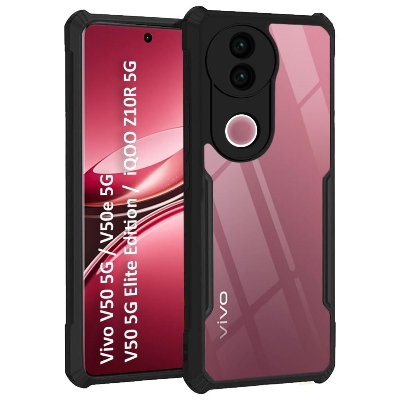 Picture of TheGiftKart Shockproof Crystal Clear Back Cover Case for iQOO Z10R 5G / Vivo V50 / V50e 5G / Vivo T4R 5G | 360 Degree Protection | Hard Transparent Back Cover Case (PC & TPU, Black Bumper)