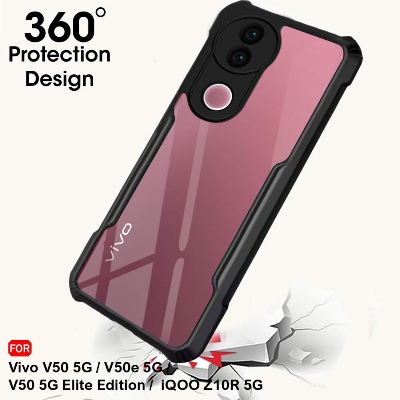 Picture of TheGiftKart Shockproof Crystal Clear Back Cover Case for iQOO Z10R 5G / Vivo V50 / V50e 5G / Vivo T4R 5G | 360 Degree Protection | Hard Transparent Back Cover Case (PC & TPU, Black Bumper)