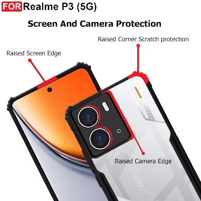 Picture of Realme P3 (5G) Back Case Cover | Camera Protection Shockproof Bumper-Edge | Acrylic Crystal Clear 360 Degree Protection TPU+PC | Transparent Eagle Back Case Cover (Black)