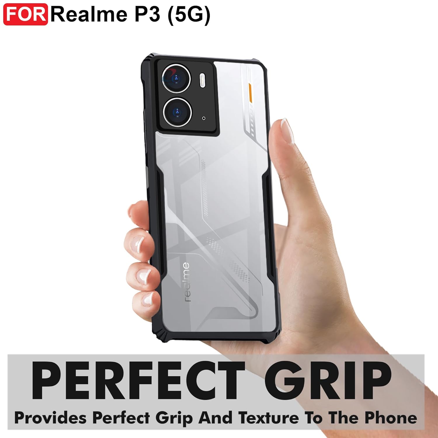 Picture of Realme P3 (5G) Back Case Cover | Camera Protection Shockproof Bumper-Edge | Acrylic Crystal Clear 360 Degree Protection TPU+PC | Transparent Eagle Back Case Cover (Black)