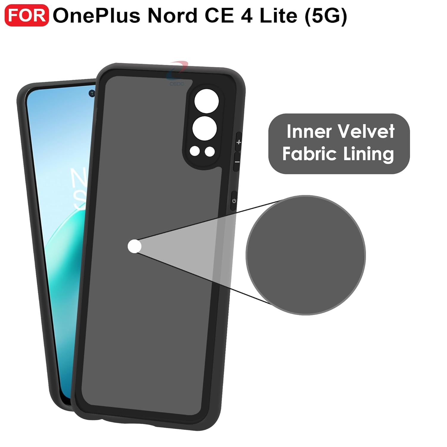 Picture of CEDO OnePlus Nord CE 4 lite / CE4 lite (5G) Back Cover | Camera Bump Protection & Inner Velvet Fabric Lining | Ultra Slim Matte Soft Rubberised Case Cover (Black)