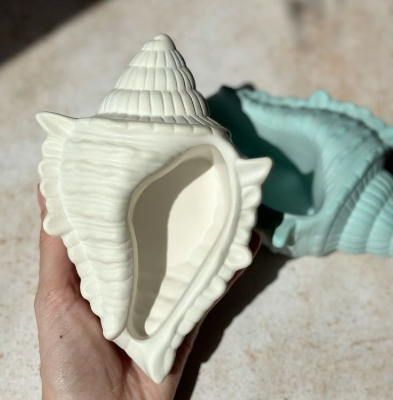 Picture of Elegant Conch Shell Shaped Decorative Bowl | Handmade Gypsum Art Showpiece | Unique White Sea Shell Design Home Décor Gift Item --- best for indoor planter, candle holder , jewellery or small things storage box, table and living room decorations