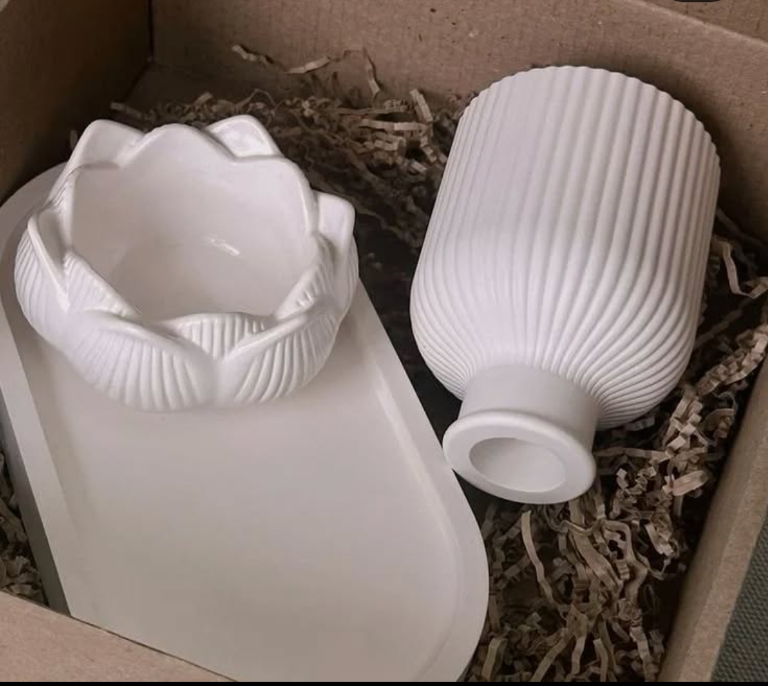 Picture of Elegant Gypsum Vase & Jar Set with Tray | Decorative Flower Holder & Storage Pot | Home Decor Gift Set | Colorful 3-Piece Combos for tray/Tube/Vase Combo (Without Flower)