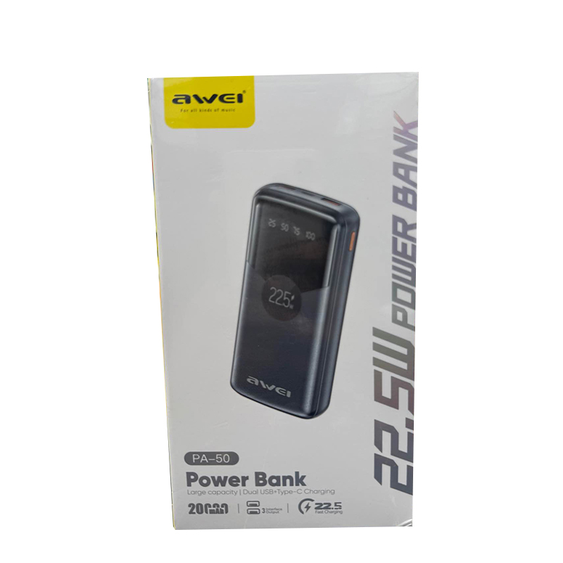 Picture of Awei PA-50 20000mah 22.5w Large Capacity Dual USB+Type C Charging With Display -Black