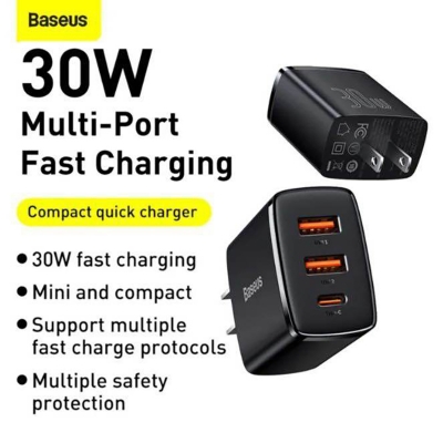 Picture of Baseus 30W USB C Quick Charger Support ~ Type C PD Fast Charging Dual USB Port -Black