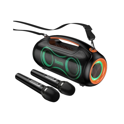 Picture of Hoco 600W Bluetooth Party Speaker With 2 Wireless Microphones, RGB Light, 6000mAh Battery, IPX5 Waterproof (DS67) -Black