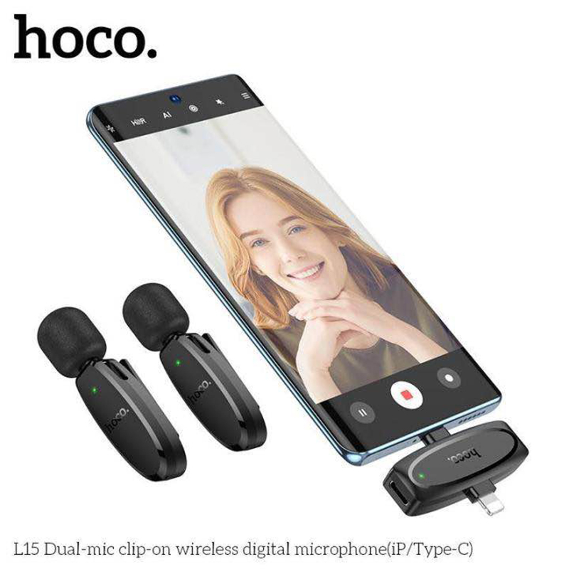 Picture of Hoco L15 Type C & Lightning Dual Mic Lavalier Wireless Microphone Black -Black