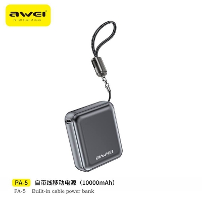 Picture of Awei PA5 10000mah 22.5w mini compact small size power bank with build in cable -Black