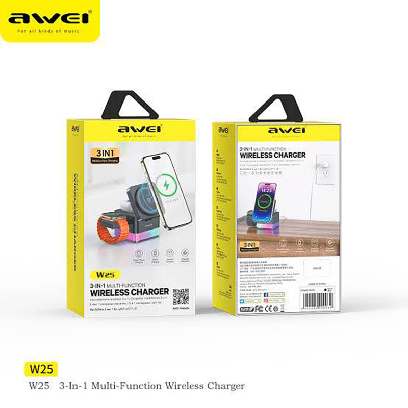 Picture of AWEI W25 3in1 Wireless Charger, RGB Light Night Lamp, Smart Tap to Power On/Off LED Light, Magnetic Adsorptionplace, 2.5W Smartwatch Wireless Output, Black | W25 -Black
