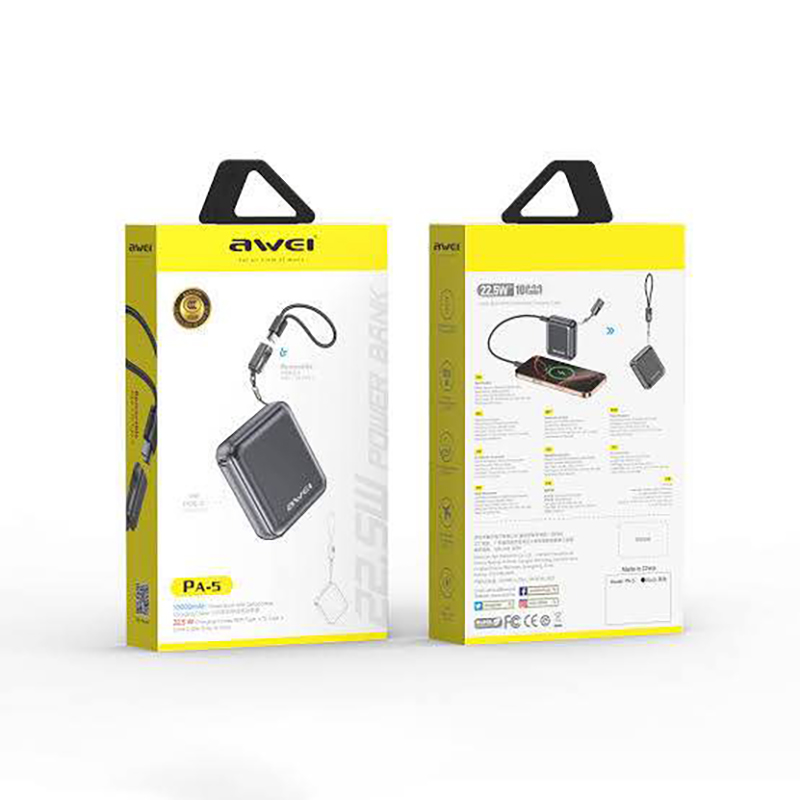 Picture of Awei PA5 10000mah 22.5w mini compact small size power bank with build in cable -Black