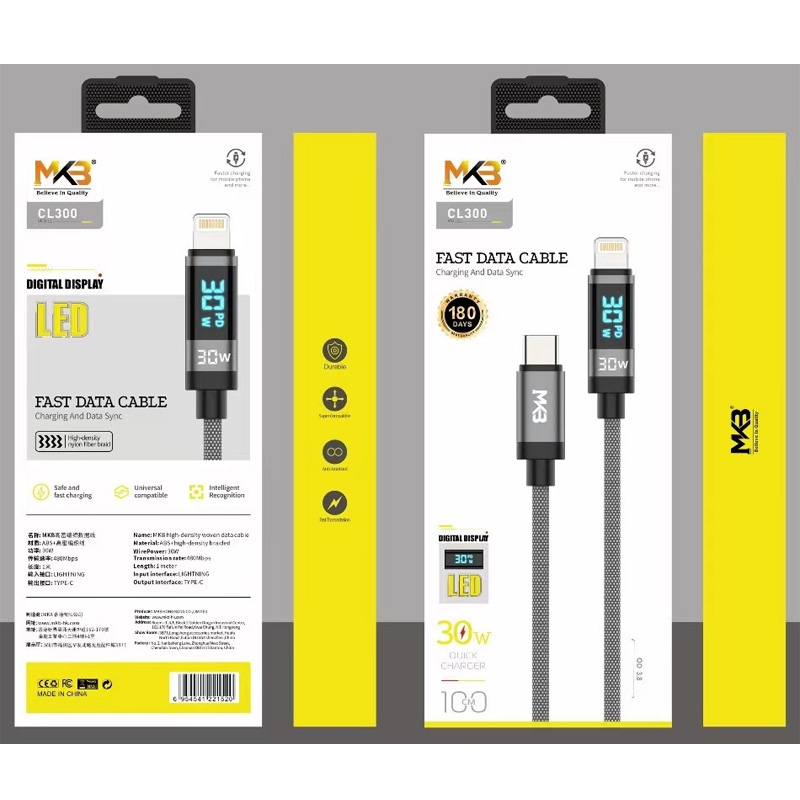 Picture of MKB CL 300 Braided 30W Type C To Lightning Fast Charging Cable -Black