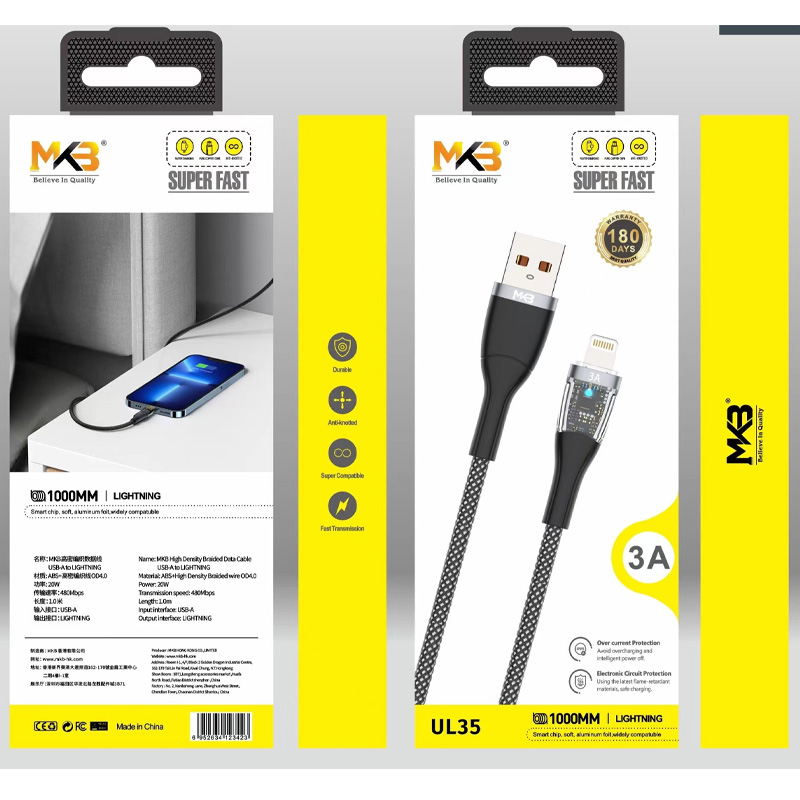 Picture of MKB UL35 Braided 3A Lightning Cable -Black