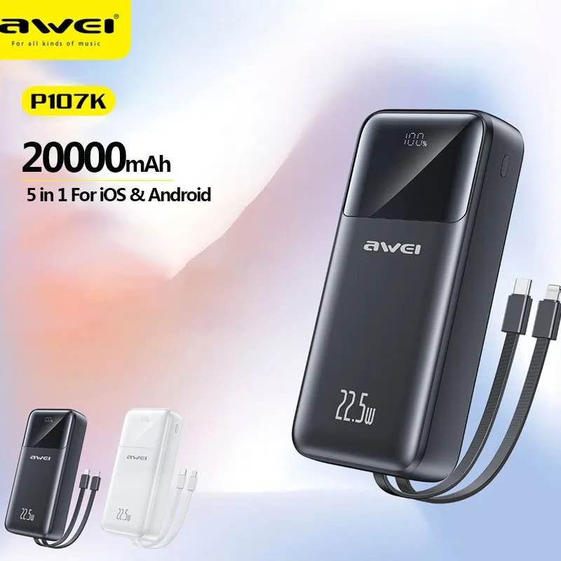 Picture of Awei P107K 20000mAh Powerbank 22.5W Fast charger with Built-in Cable Multiple Protection Long Battery Life for iOS&Android Mobile Phone -Black