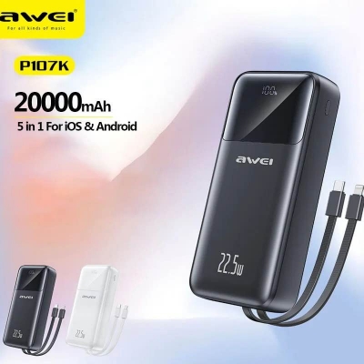 Picture of Awei P107K 20000mAh Powerbank 22.5W Fast charger with Built-in Cable Multiple Protection Long Battery Life for iOS&Android Mobile Phone -Black