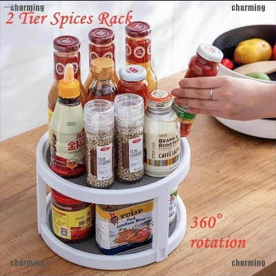 Picture of Kitchen 360 Rotation Rack 2 Tier Storage Box Shelf White 