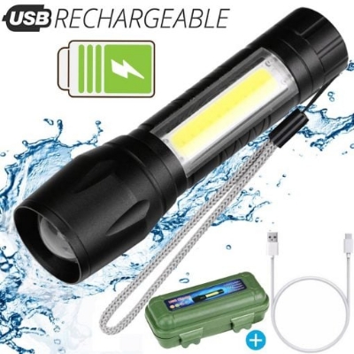 Picture of Rechargeable Flashlight Torch LED USB Portable Torches 3 Modes Zoom Mini Camping Lighting - Black