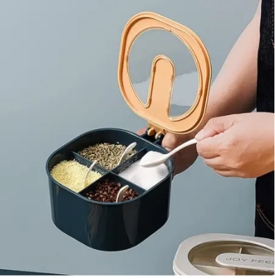 Picture of Multi Storage 4 Section Kitchen Spices Lid Box With Spoons pice Storage Spice Containers with Serving Spoons Spices Storage Box - Multicolor