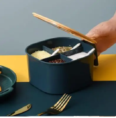 Picture of Multi Storage 4 Section Kitchen Spices Lid Box With Spoons pice Storage Spice Containers with Serving Spoons Spices Storage Box - Multicolor