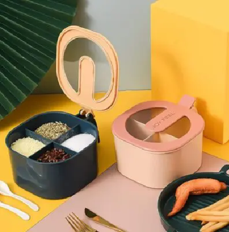 Picture of Multi Storage 4 Section Kitchen Spices Lid Box With Spoons pice Storage Spice Containers with Serving Spoons Spices Storage Box - Multicolor