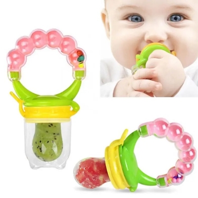 Picture of bottomTagUrl Baby Food Nibbler Feeding Spoon Bell Ring Juice Extractor Pacifier Chew Silicone Gum Fruit Vegetable Bite Eat Auxiliary Bottles - Multicolor