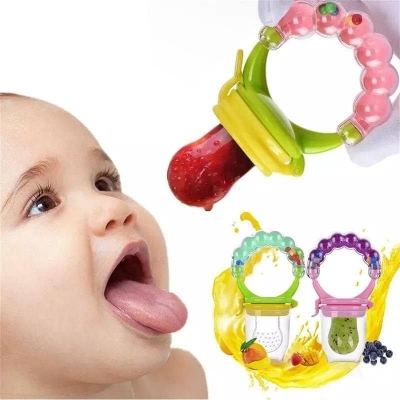 Picture of bottomTagUrl Baby Food Nibbler Feeding Spoon Bell Ring Juice Extractor Pacifier Chew Silicone Gum Fruit Vegetable Bite Eat Auxiliary Bottles - Multicolor