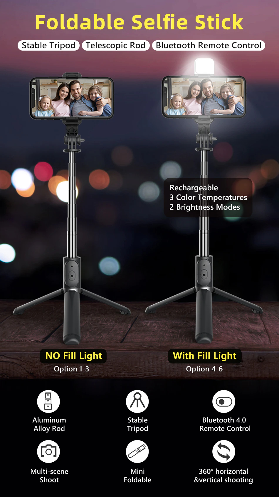 Picture of Q07 Selfie Stick Foldable Mini Tripod with Fill Light Bluetooth Remote Shutter Retractable Rod for Phone (100cm)-The Asia Express - Black