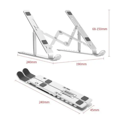 Picture of Aluminum Alloy Foldable Laptop Stand Adjustable Portable Folding Notebook Stand Foldable Laptop Stand - Laptop Table - Laptop Table - Silver