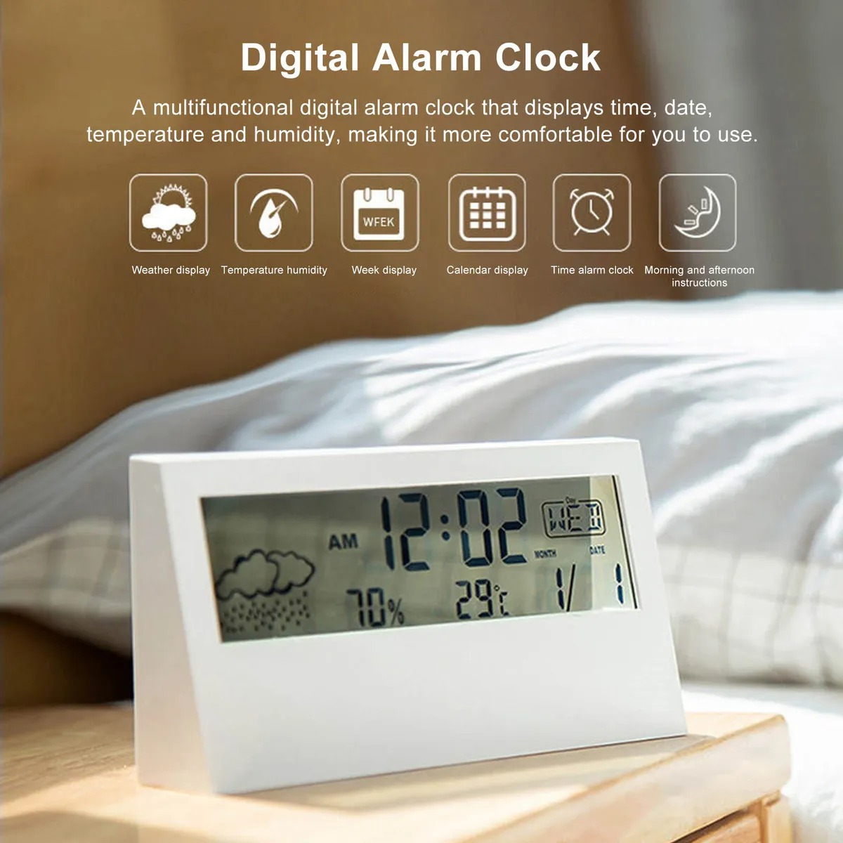 Picture of LCD Desktop Alarm Clock Transparent Calendar Weather and Digital Temperature and Humidity Display Home Appliance Smart Life-The Asia Express - White