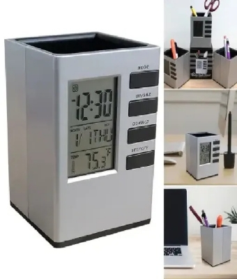 Picture of Pen Holder with Digital Watch - Silver Cube Desk Pen Stand With Digital Clock (Temperature , Alarm & Calendar) | smart pen holder - Silver