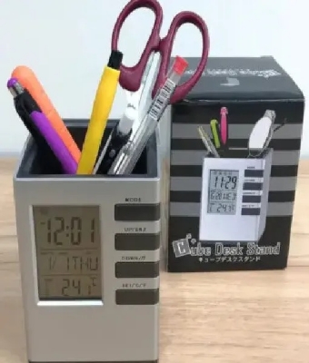 Picture of Pen Holder with Digital Watch - Silver Cube Desk Pen Stand With Digital Clock (Temperature , Alarm & Calendar) | smart pen holder - Silver
