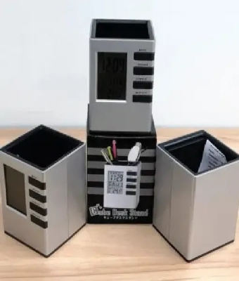 Picture of Pen Holder with Digital Watch - Silver Cube Desk Pen Stand With Digital Clock (Temperature , Alarm & Calendar) | smart pen holder - Silver