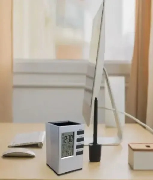 Picture of Pen Holder with Digital Watch - Silver Cube Desk Pen Stand With Digital Clock (Temperature , Alarm & Calendar) | smart pen holder - Silver