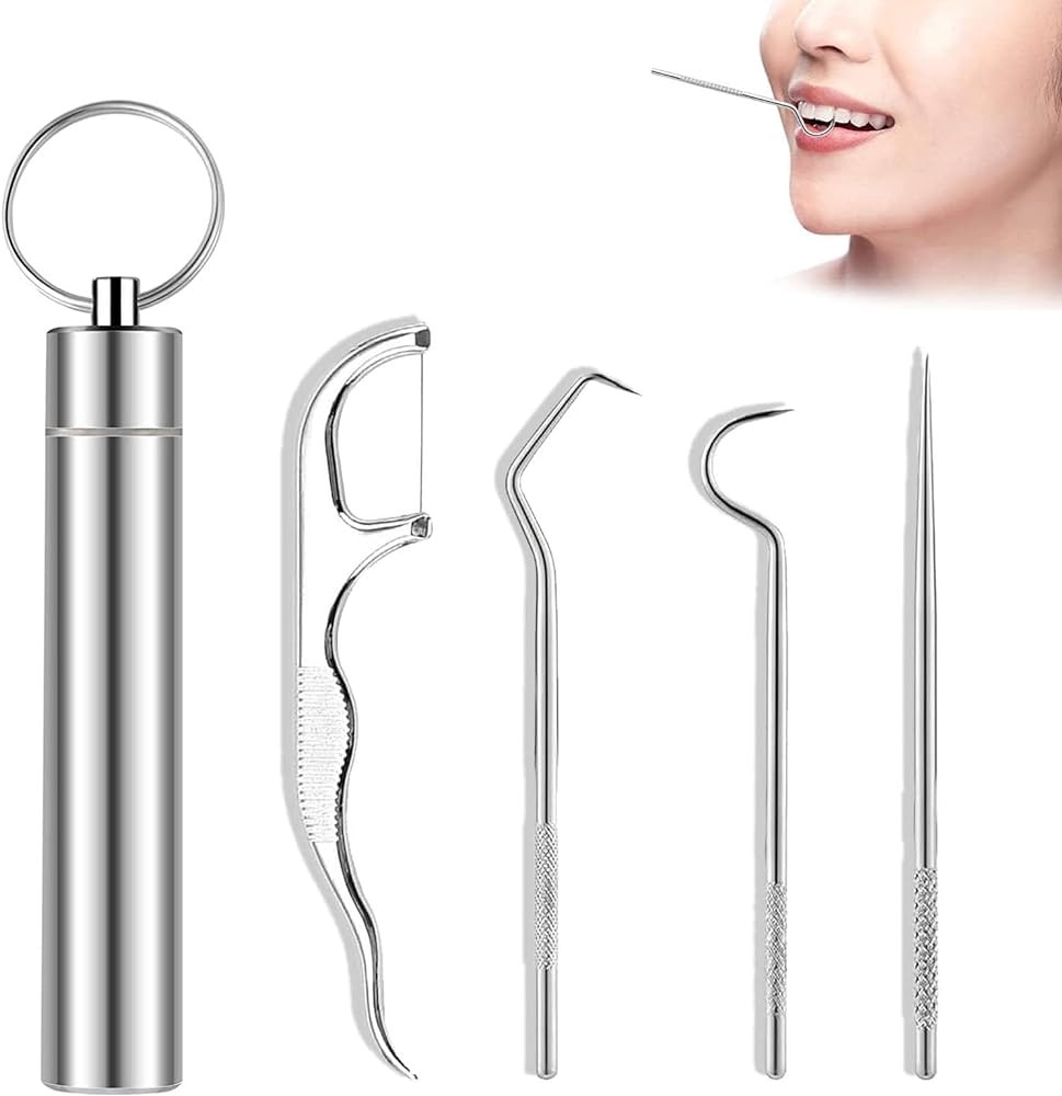 Picture of 4pcs Portable Stainless Steel Toothpick Dental Floss Oral Care Teeth Cleaning For Outdoor_Asia express - Silver