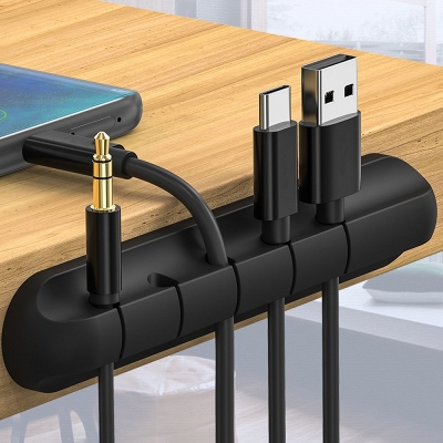 Picture of 5 Holes Cable Organizer Silicone USB Cable Winder Desktop Tidy Management Clip Cable Holder for Mouse Headphone Wire Organizer - Black