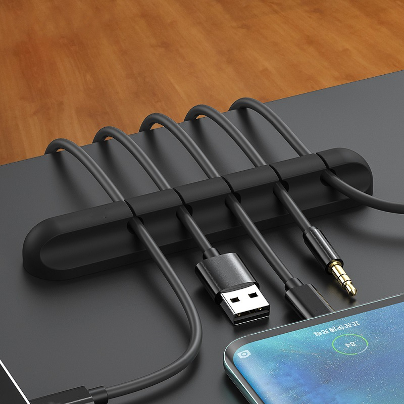 Picture of 5 Holes Cable Organizer Silicone USB Cable Winder Desktop Tidy Management Clip Cable Holder for Mouse Headphone Wire Organizer - Black