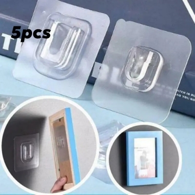 Picture of 5pcs Transparent Wall Hooks Hangers Self Adhesive Door Wall Hangers Hooks Suction Heavy Load Rack For Kitchen Bathroom Accessories - CLEAR