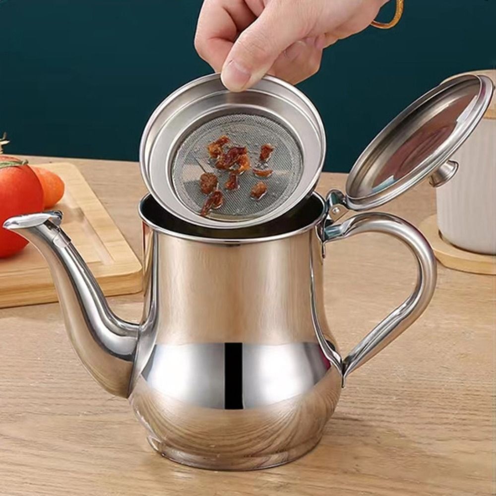 Picture of Stainless Steel Oil Strainer Pot Container Jug Storage Can With Filter Cooking Oil Pot Kitchen Large Capacity 32oz - silver