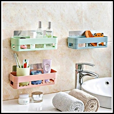 Picture of Home Adhesive Shower Shelf Kitchen Seasoning Shelf Bathroom Organizer Basket Adhesive Soap Dish Wall Mount Bathroom Organizer Storage Basket No Punching Storage Rack-Asia express - Multicolor